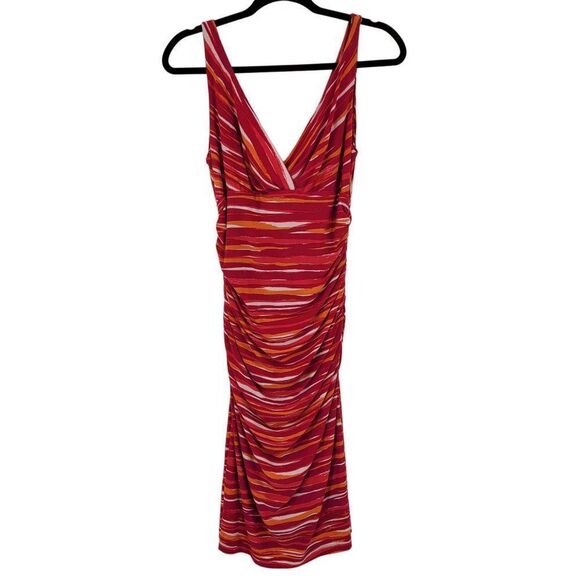 Vintage 80s Ralph Lauren Stretch Sleeveless Midi 8 Pink Striped Surplice Bodycon - Picture 4 of 12